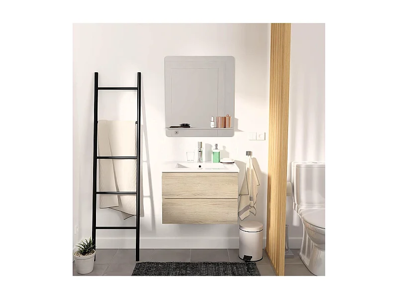 Ensemble simple vasque 60cm avec plan céramique, robinet chromé et miroir