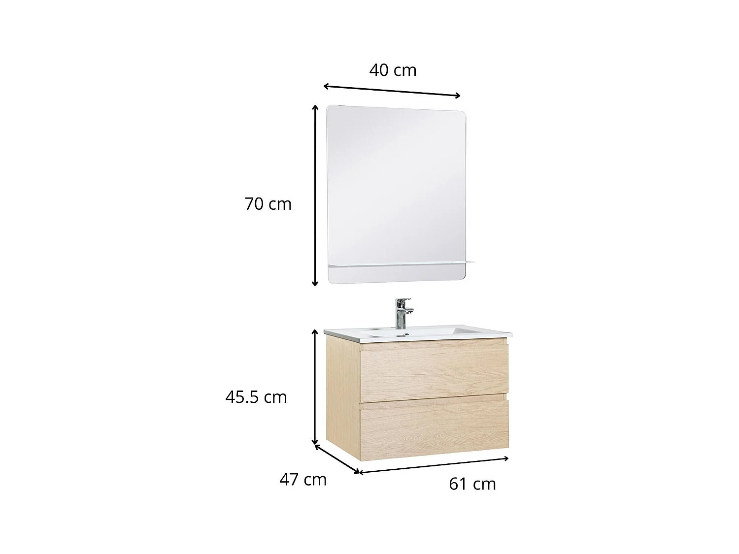 Ensemble simple vasque 60cm avec plan céramique, robinet chromé et miroir