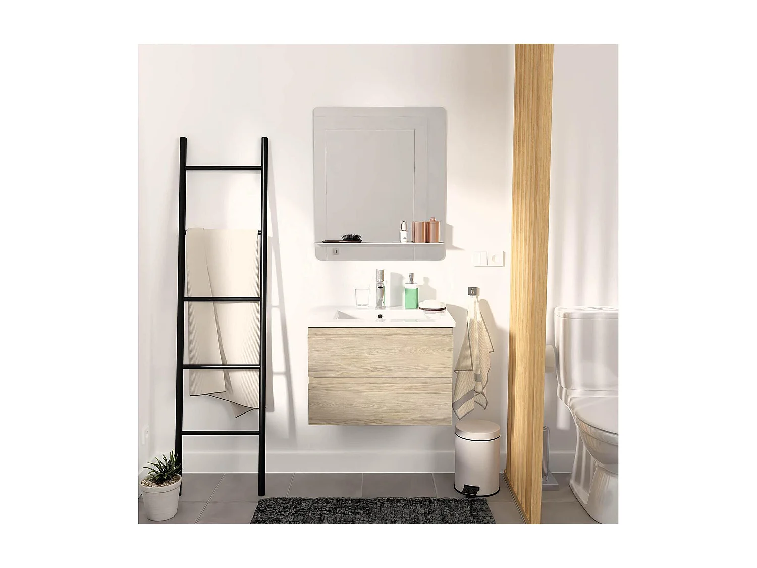 Ensemble simple vasque 60cm avec plan céramique, robinet chromé et miroir