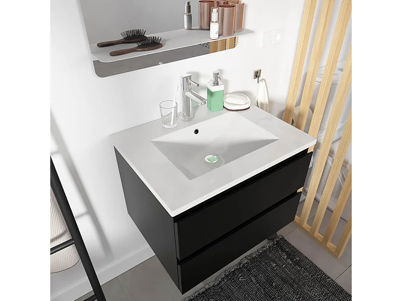 Ensemble simple vasque SORRENTO 60cm avec plan céramique et robinet chromé