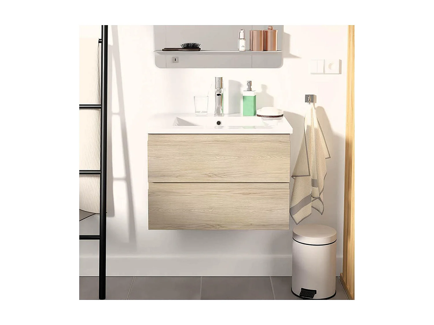 Ensemble simple vasque 60cm avec plan céramique et robinet chromé