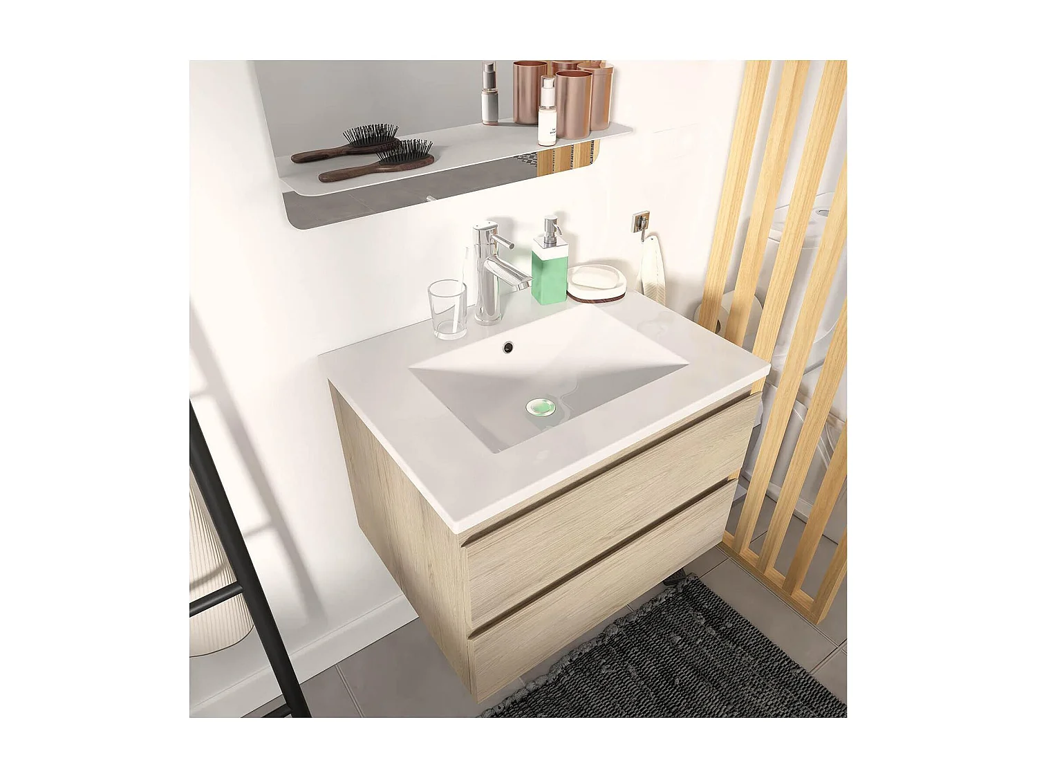 Ensemble simple vasque 60cm avec plan céramique et robinet chromé