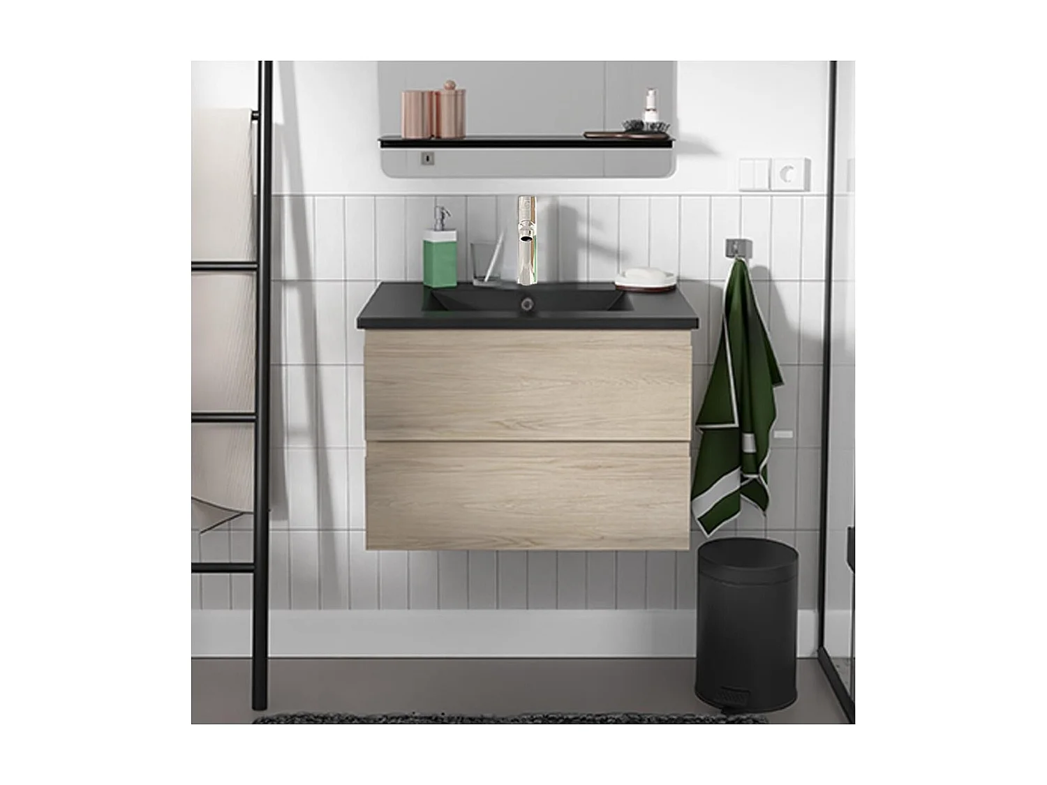 Ensemble simple vasque 60cm avec plan céramique et robinet chromé