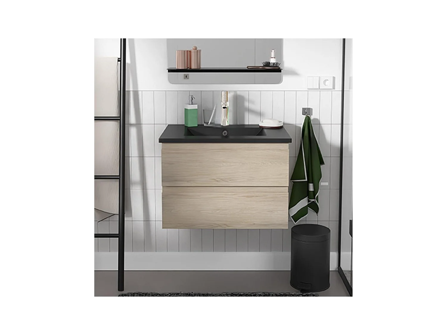 Ensemble simple vasque 60cm avec plan céramique et robinet chromé