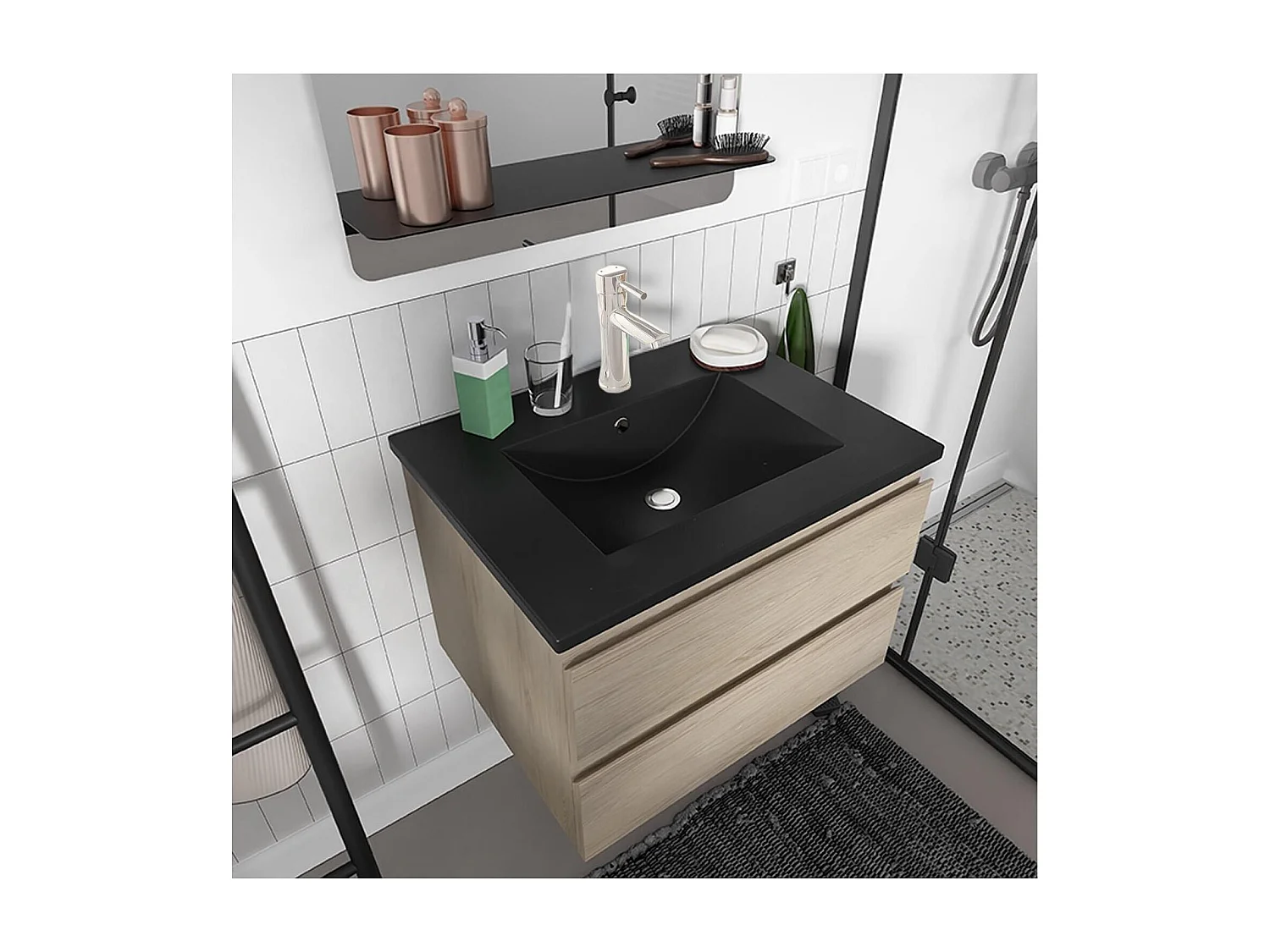 Enkele wastafelset 60cm met keramische bovenkant en chromen kraan SORRENTO