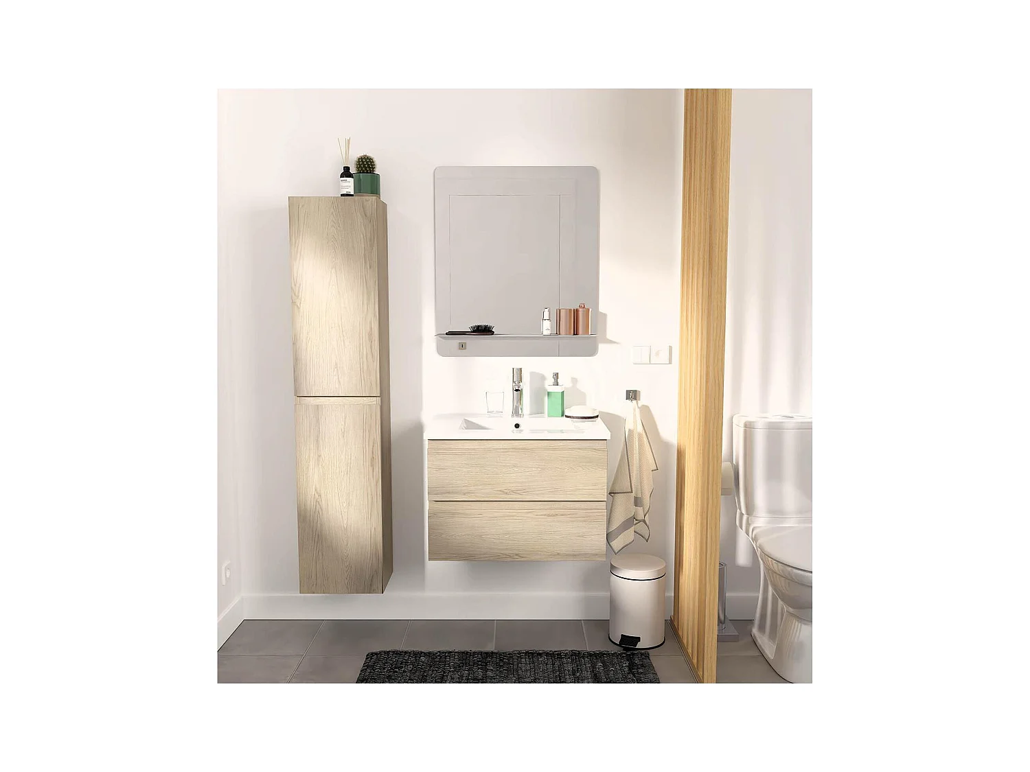 Conjunto mueble de lavabo sencillo 60 cm + grifo + espejo + columna SORRENTO