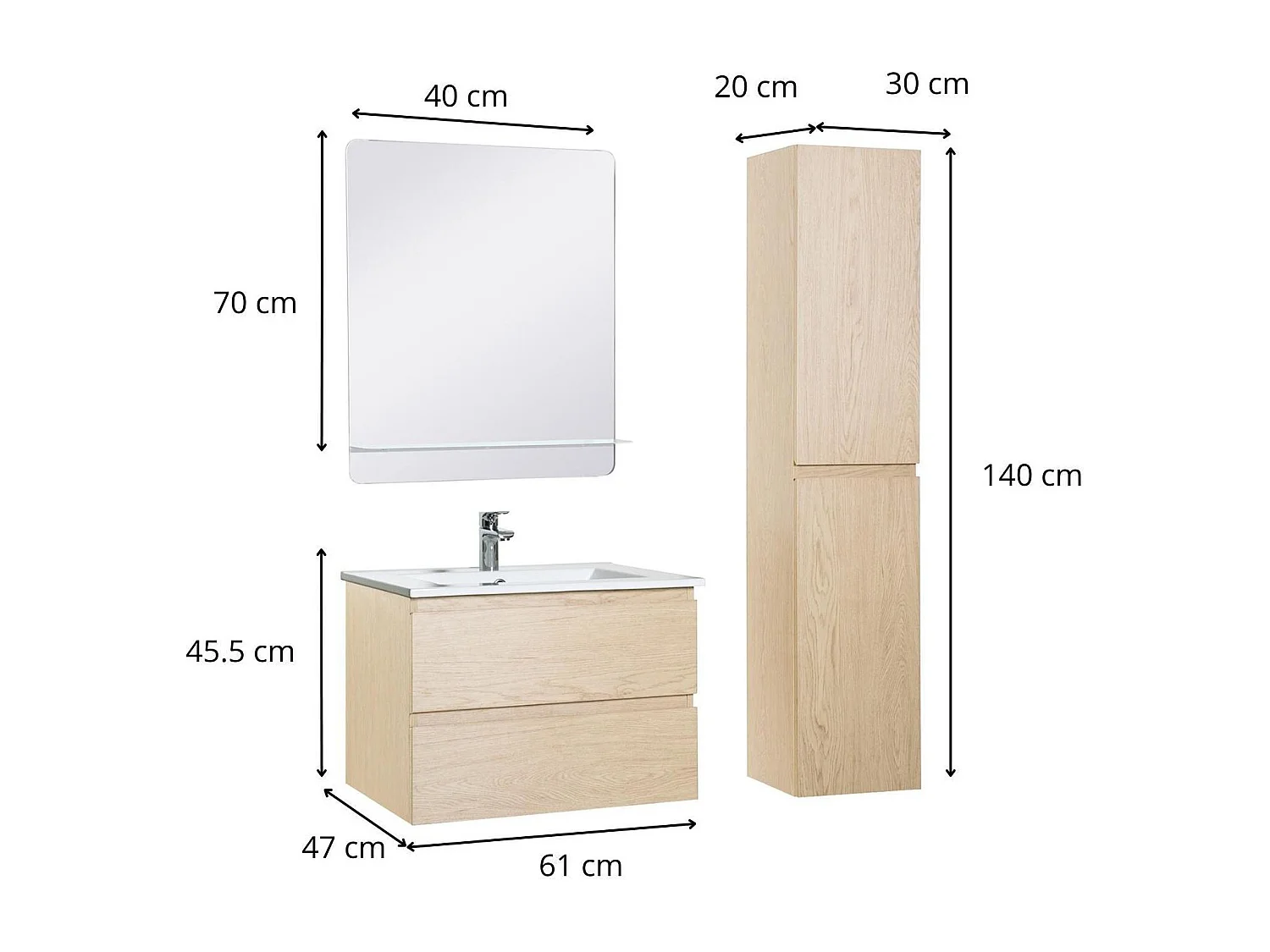 Enkele spoelbakset 60 cm + kraan + spiegel + SORRENTO kolom