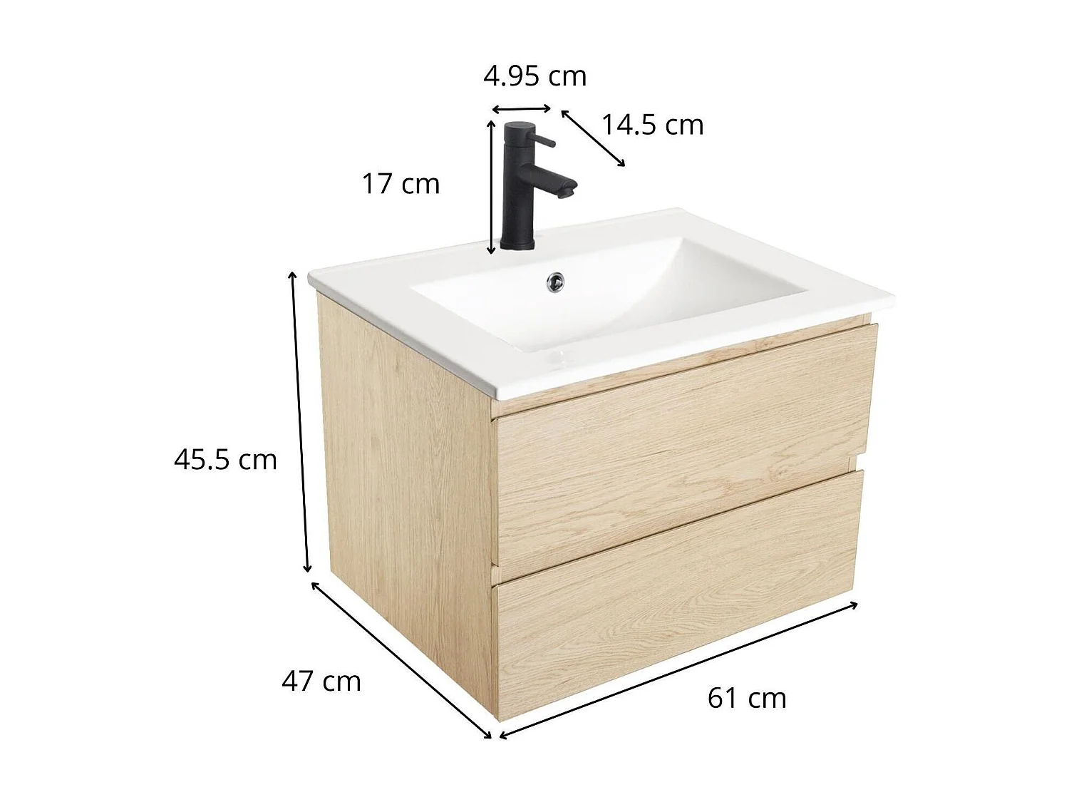 Ensemble simple vasque 60cm avec plan céramique et robinet noir