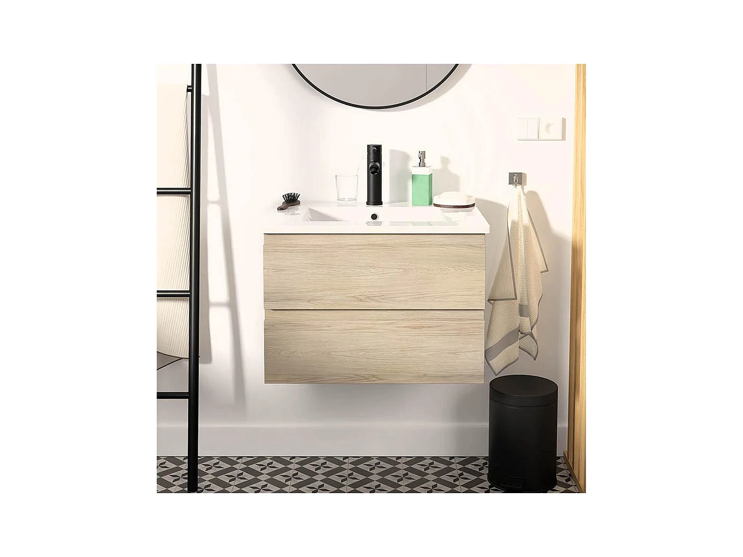 Set lavabo singolo 60cm con piano in ceramica e rubinetto nero SORRENTO