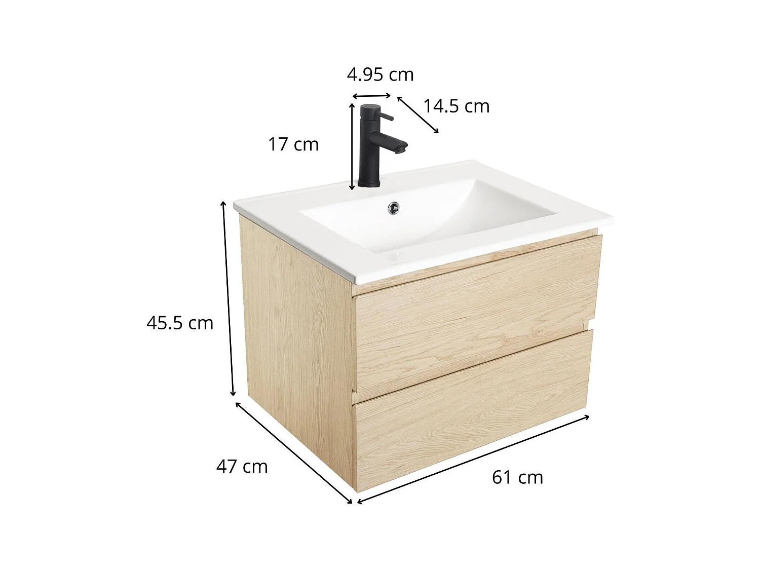 Ensemble simple vasque 60cm avec plan céramique et robinet noir