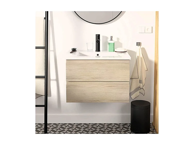 Set lavabo singolo 60cm con piano in ceramica e rubinetto nero SORRENTO