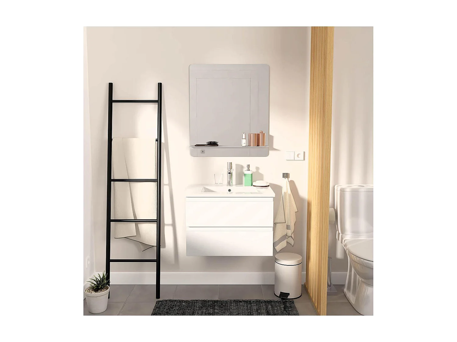 Ensemble simple vasque 60cm avec plan céramique, robinet chromé et miroir