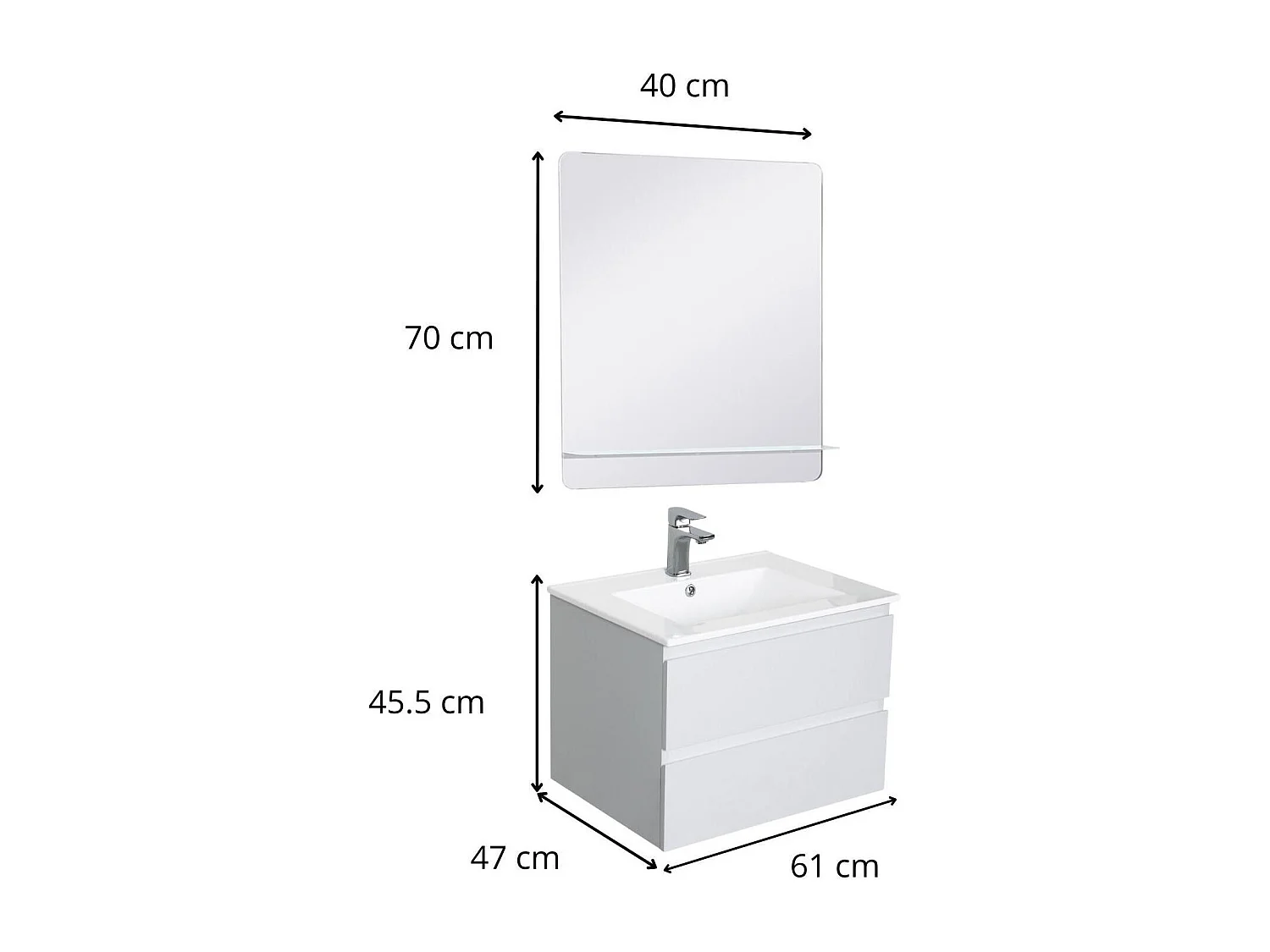 Ensemble simple vasque 60cm avec plan céramique, robinet chromé et miroir