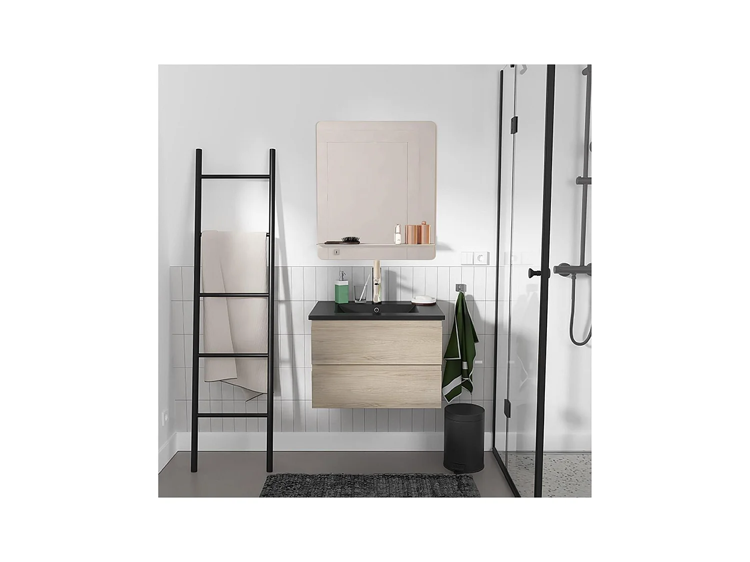 Ensemble simple vasque 60cm avec plan céramique, robinet chromé et miroir