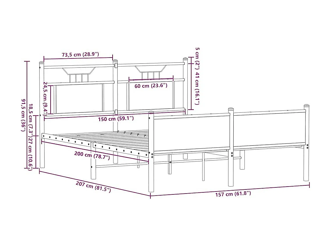 Lit double | Lit adulte | Cadre de lit chêne fumé 150x200 cm bois ingénierie