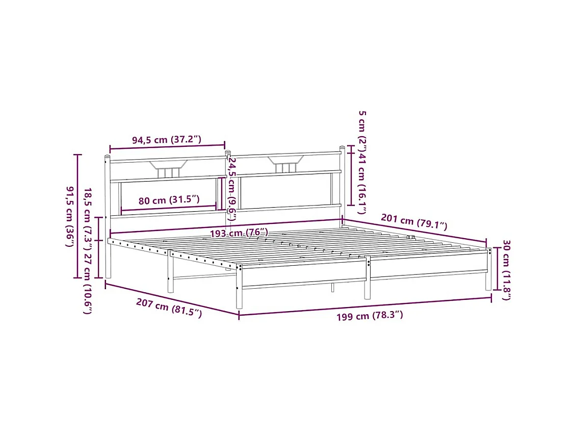 Lit double | Lit adulte | Cadre de lit en métal chêne fumé 193x203 cm