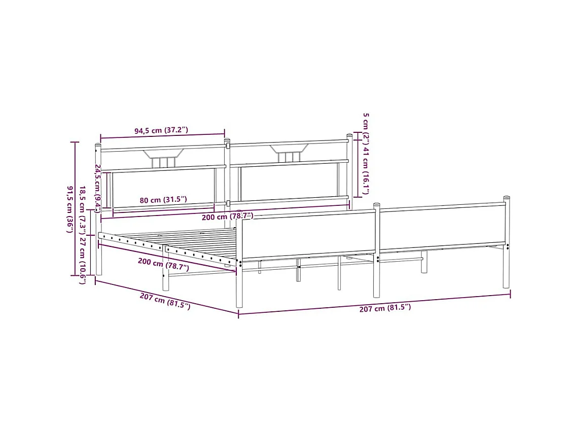Lit double | Lit adulte | Cadre de lit en métal chêne marron 200x200 cm