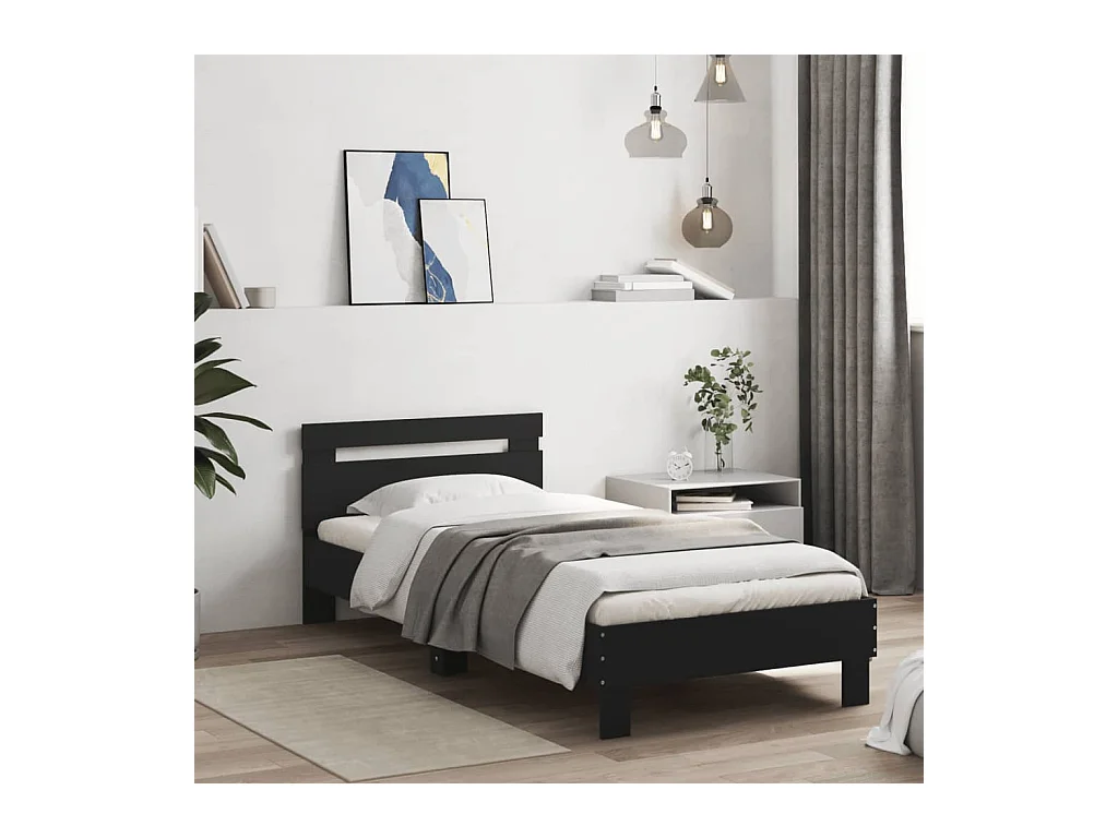 Lit simple | Lit adulte, enfant | Cadre de lit avec tête de lit noir 90x200 cm