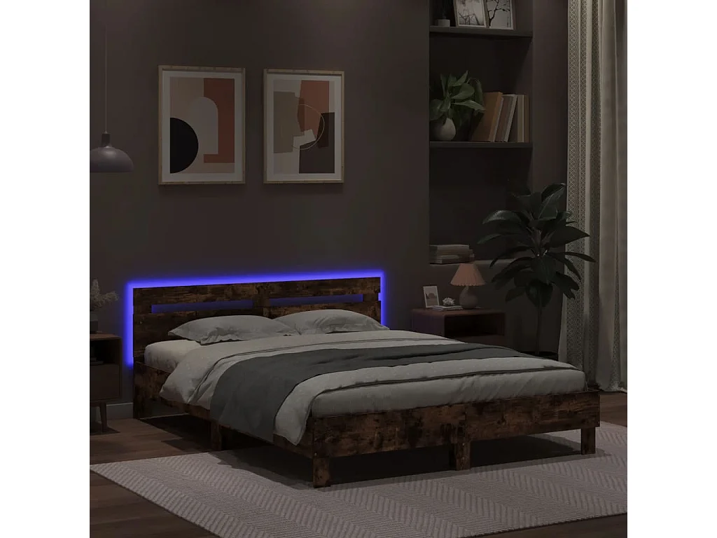 Lit double | Lit adulte | Cadre de lit avec LED chêne fumé 140x190 cm