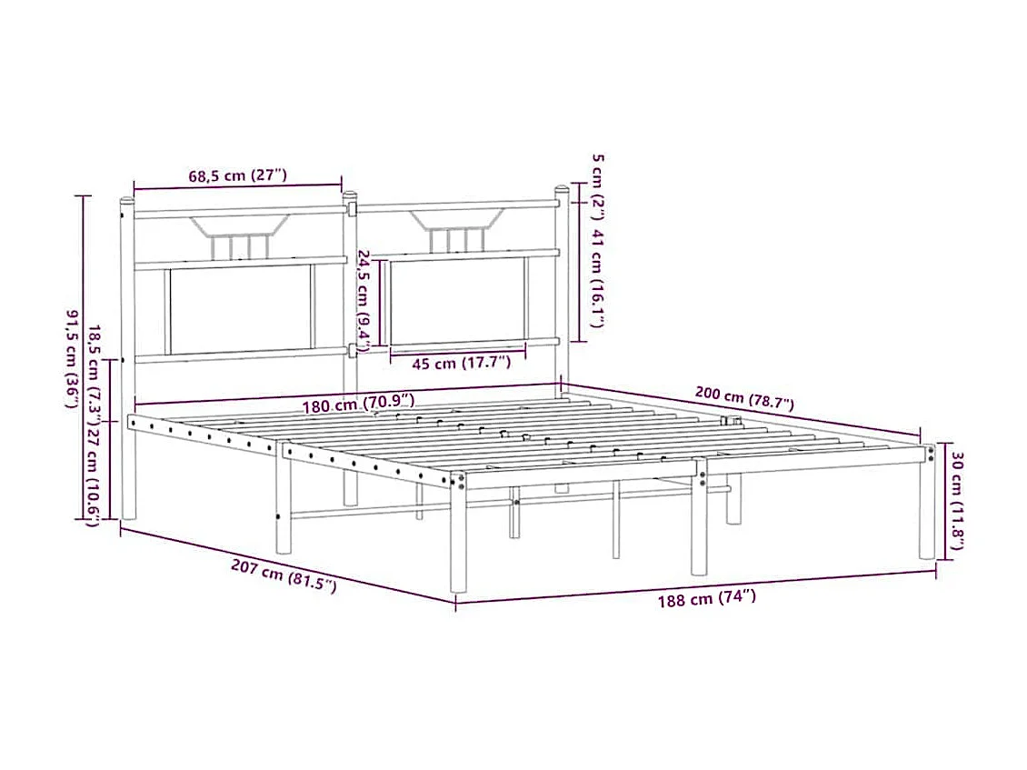 Lit double | Lit adulte | Cadre de lit en métal chêne sonoma 180x200 cm