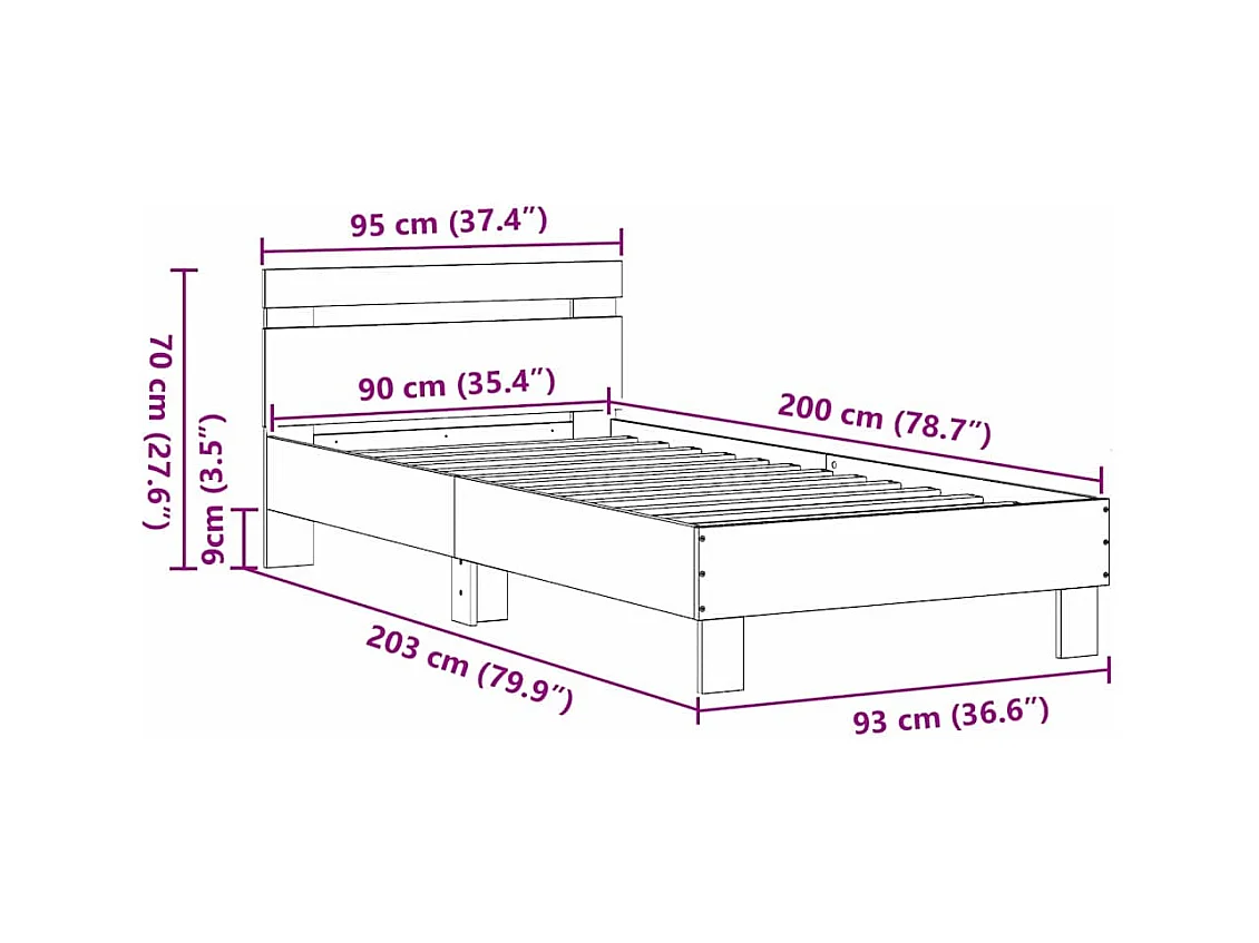 Lit simple | Lit adulte, enfant | Cadre de lit Chêne artisanal 90x200 cm Bois d'ingénierie