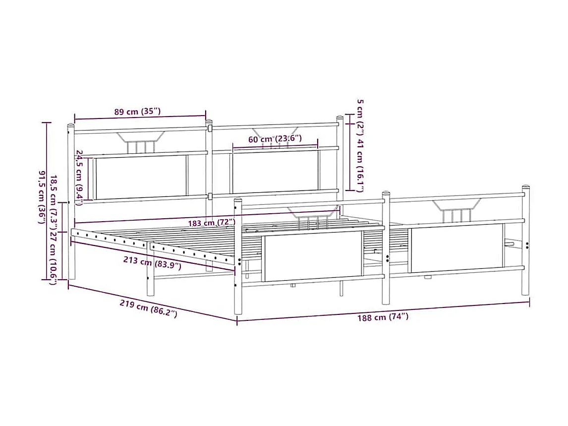 Lit double | Lit adulte | Cadre de lit en métal chêne sonoma 183x213 cm
