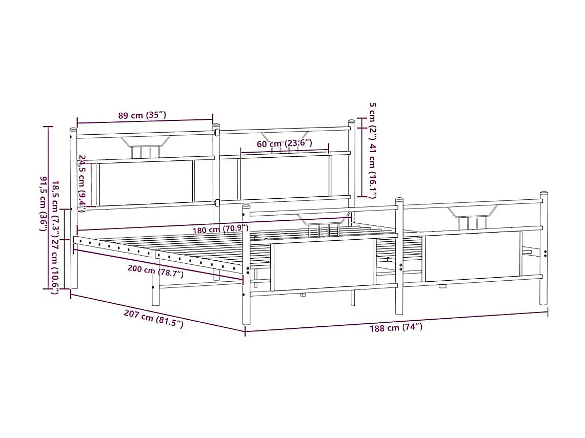 Lit double | Lit adulte | Cadre de lit en métal chêne marron 180x200 cm