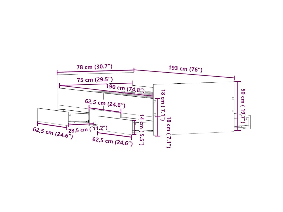 Lit simple | Lit adulte, enfant | Cadre de lit Bois ancien 75x190 cm Bois d'ingénierie