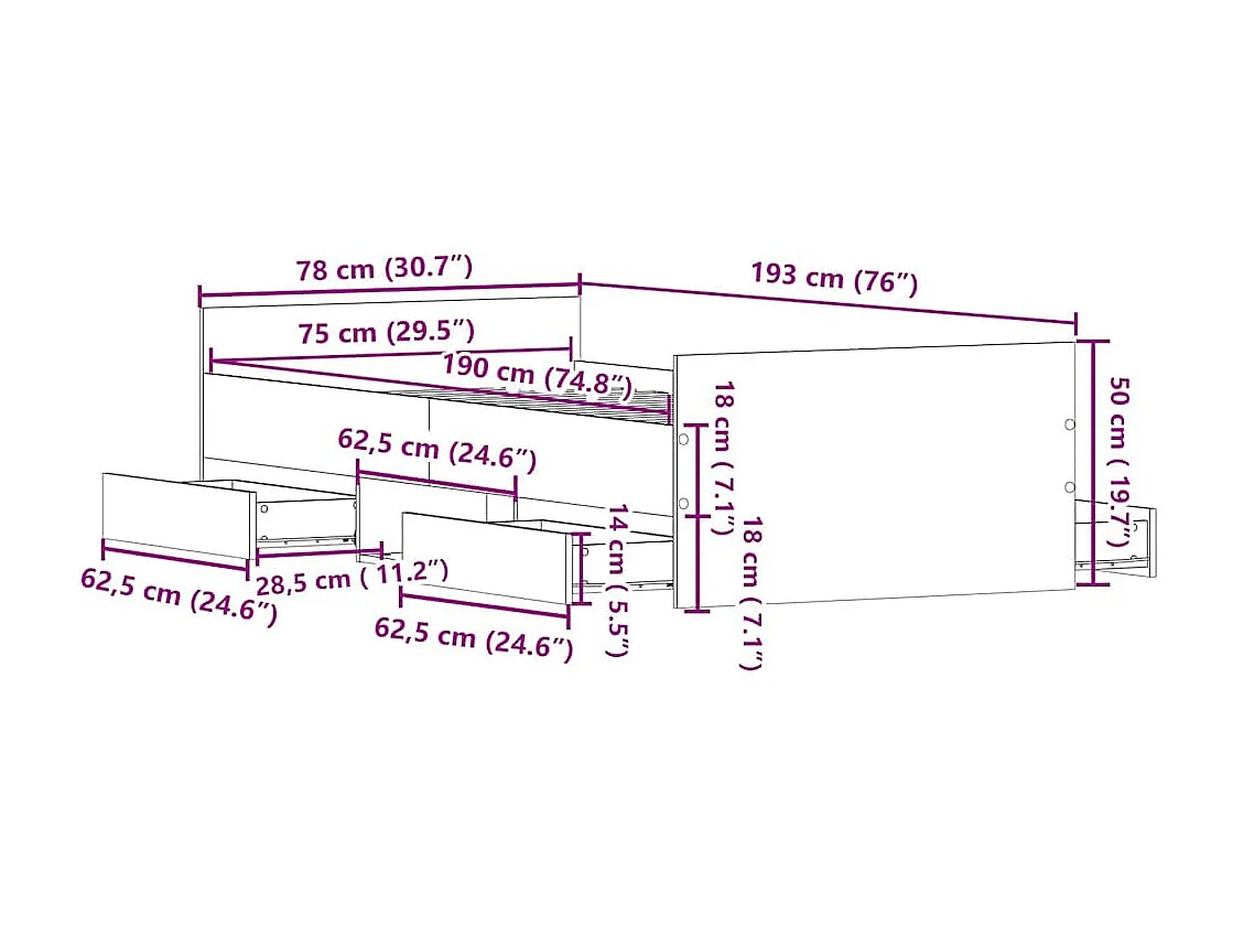 Lit simple | Lit adulte, enfant | Cadre de lit Bois ancien 75x190 cm Bois d'ingénierie