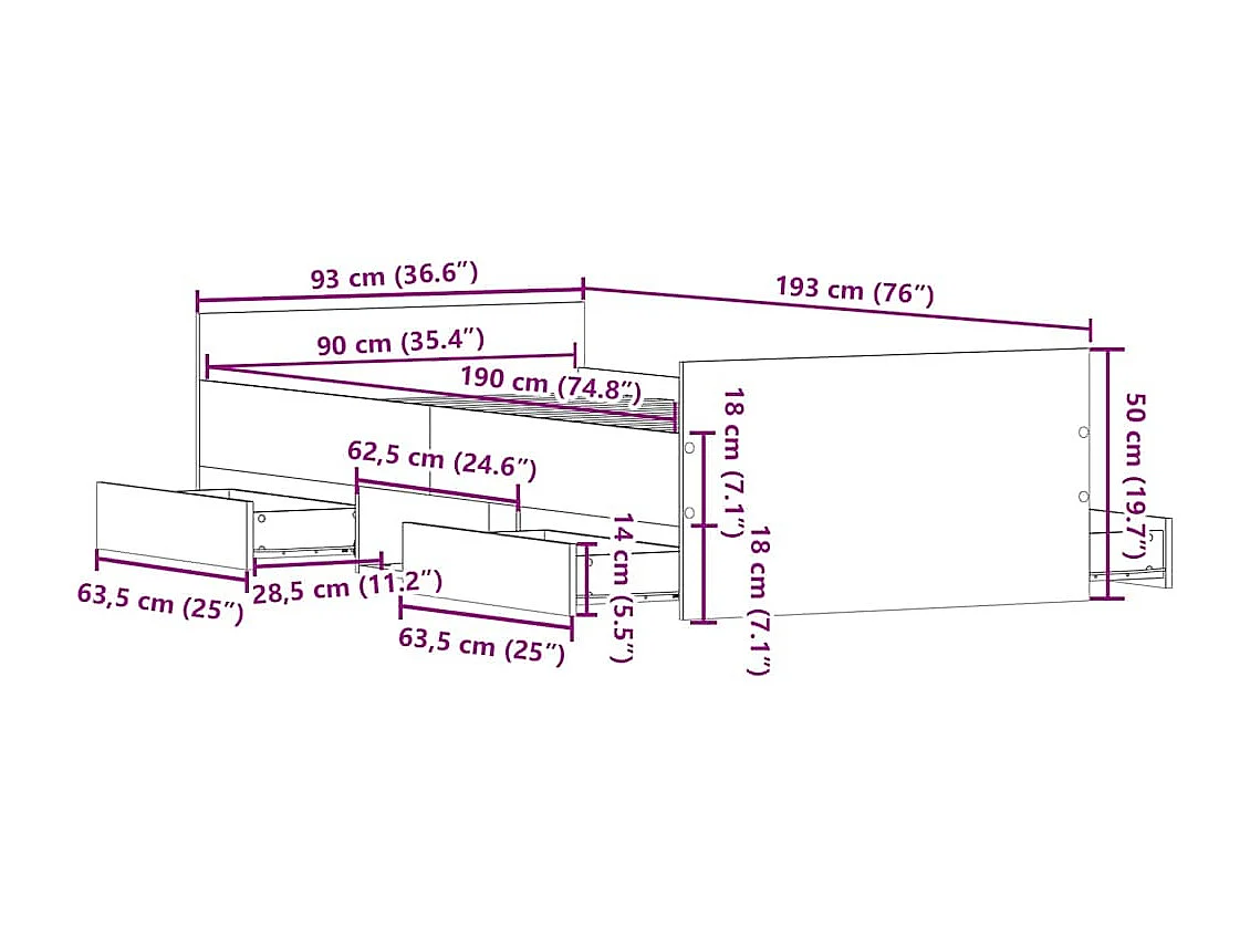 Lit simple | Lit adulte, enfant | Cadre de lit vieux bois 90x190 cm bois ingénierie