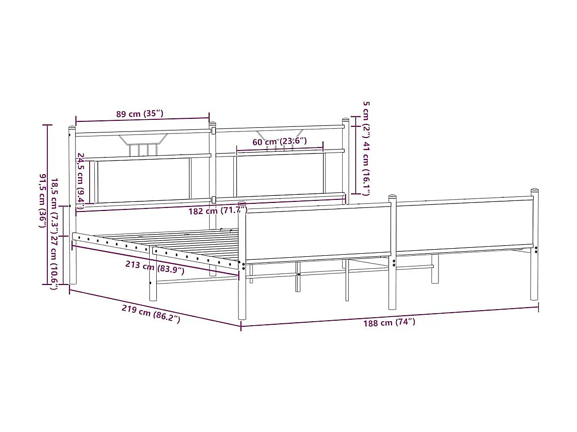 Lit double | Lit adulte | Cadre de lit en métal chêne fumé 183x213 cm