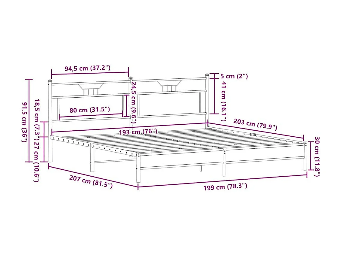 Lit double | Lit adulte | Cadre de lit en métal chêne sonoma 193x203 cm