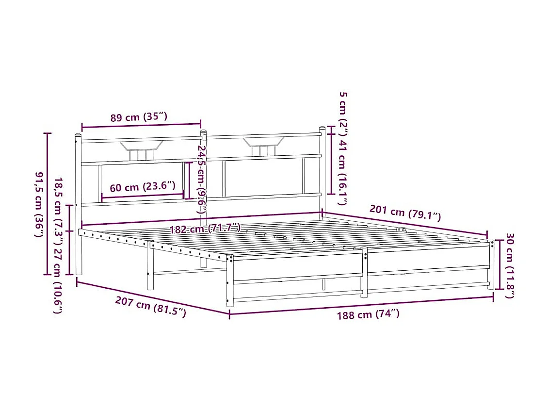 Letto per adulti | Letto matrimoniale | Giroletto senza Materaso in Metallo Rovere Fumo 180x200 cm