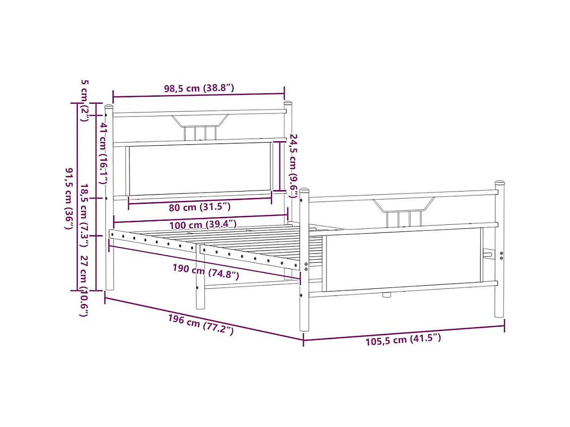 Lit simple | Lit adulte, enfant | Cadre de lit chêne marron 100x190 cm
