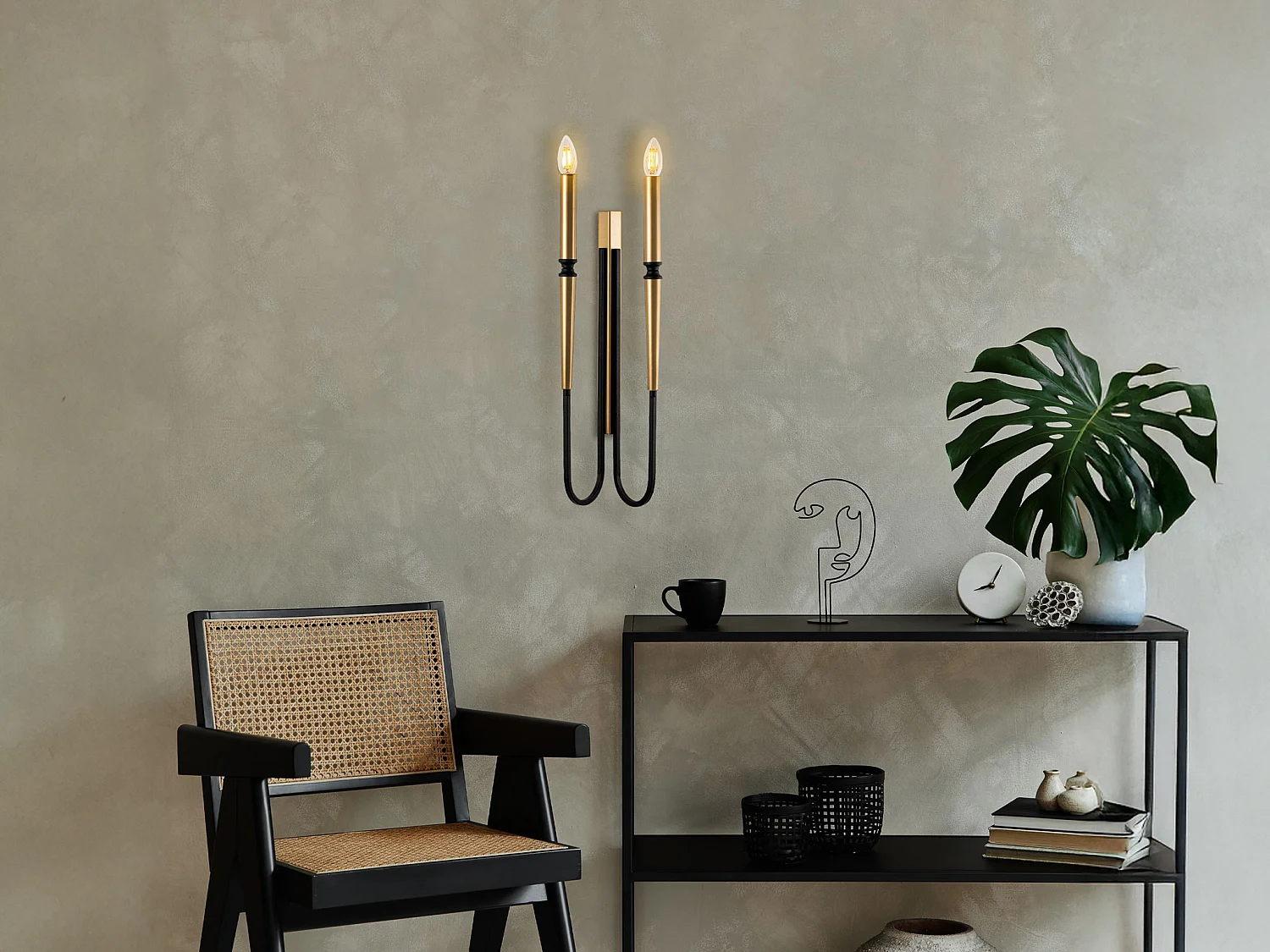 Set de 2 apliques de pared estilo candelabro de metal - Dorado y negro - Alt. 58 cm - OVYLA