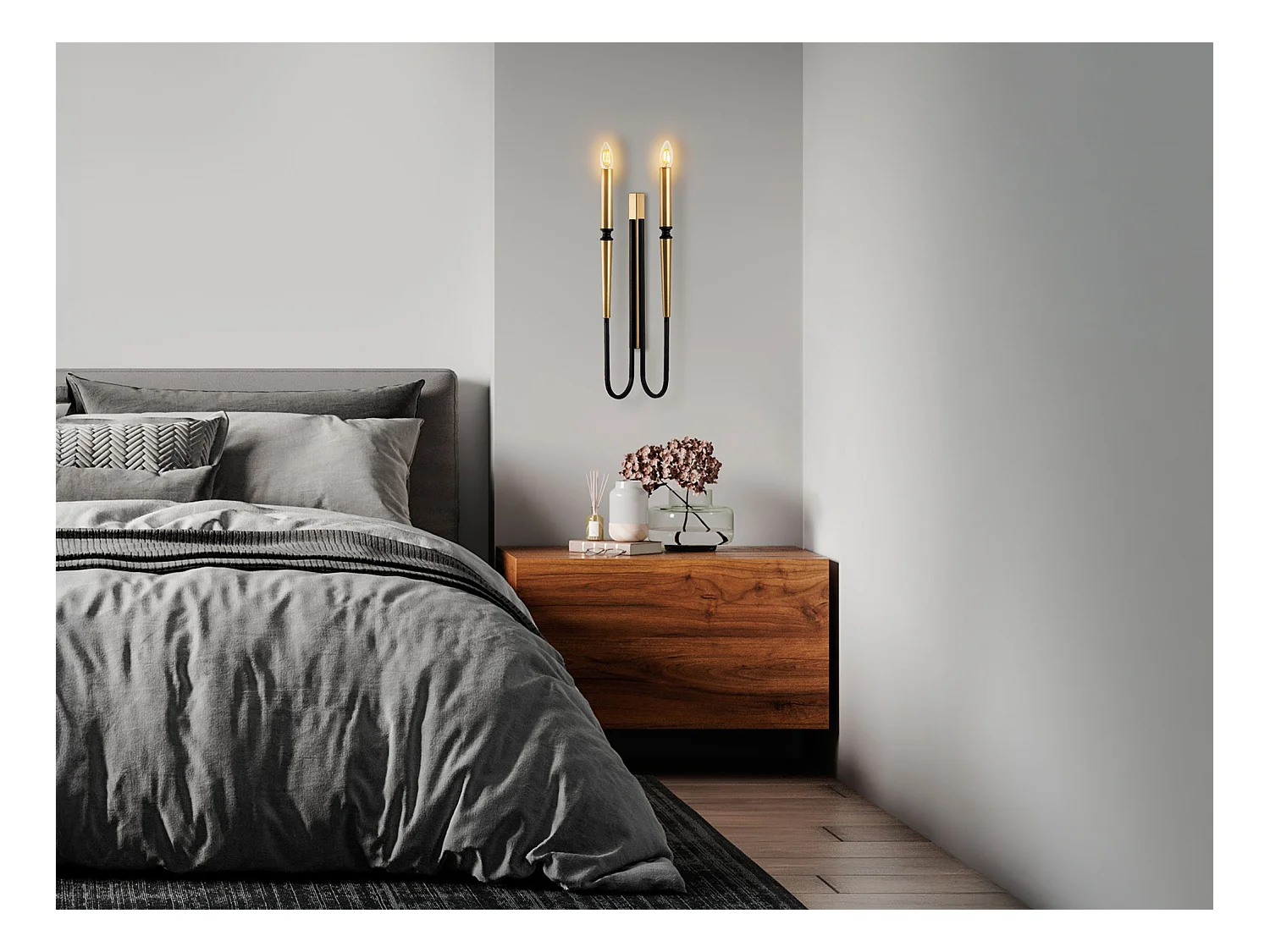 Set de 2 apliques de pared estilo candelabro de metal - Dorado y negro - Alt. 58 cm - OVYLA