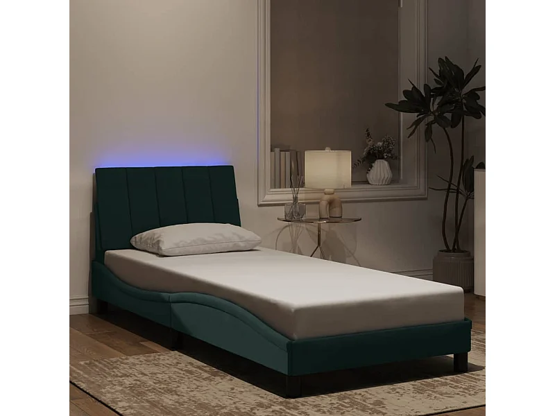 Lit simple | Lit adulte, enfant | Cadre de lit avec LED vert foncé 90x200 cm velours