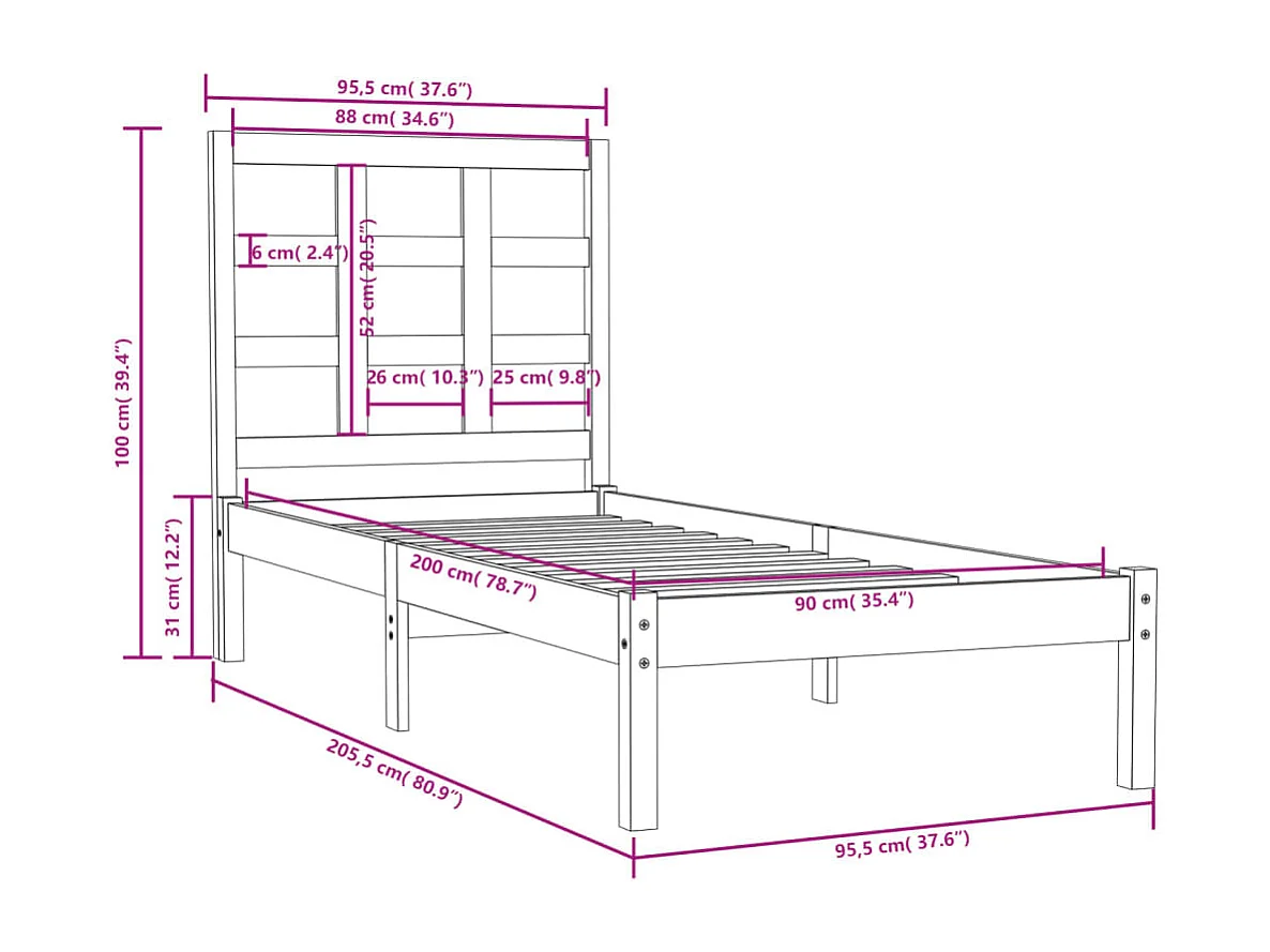 Lit simple | Lit adulte, enfant | Cadre de lit blanc 90x200 cm bois massif