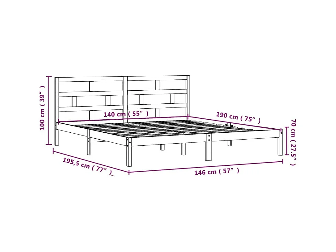 Lit double | Lit adulte | Cadre de lit noir bois massif 140x190 cm