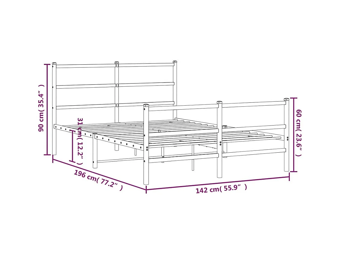 Lit double | Lit adulte | Cadre de lit métal et pied de lit blanc 135x190 cm