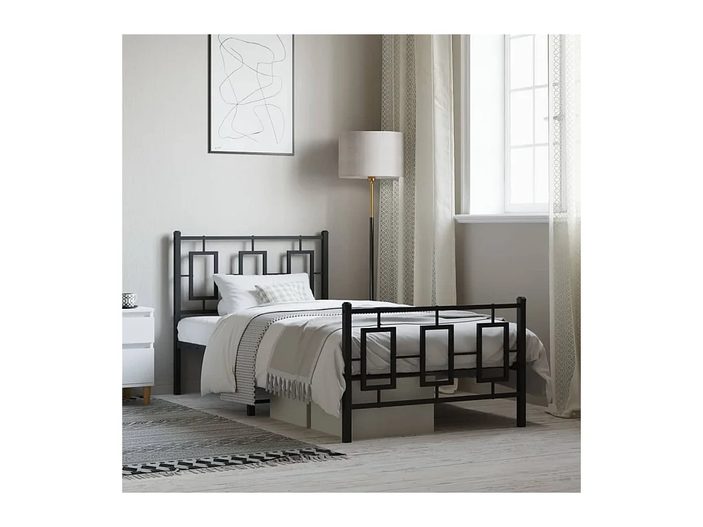 Lit simple | Lit adulte, enfant | Cadre de lit métal avec pied de lit noir 90x190 cm