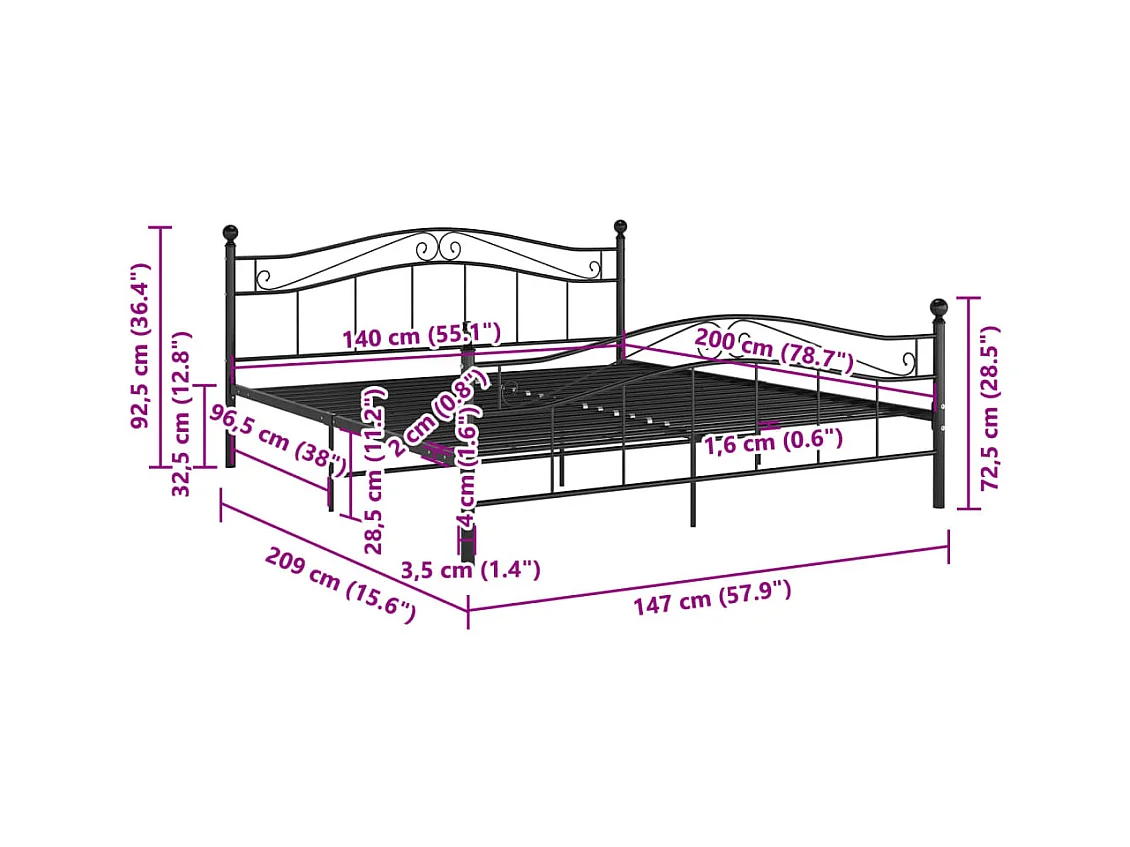 Lit double | Lit adulte | Cadre de lit noir métal 140x200 cm