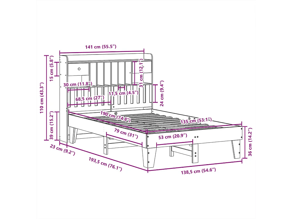 Lit double | Lit adulte | Cadre de lit 135x190 cm bois de pin massif