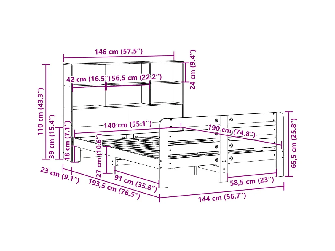 Lit double | Lit adulte | Cadre de lit blanc 140x190 cm bois de pin massif