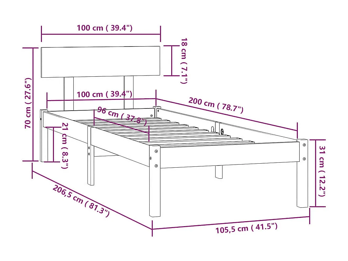 Lit simple | Lit adulte, enfant | Cadre de lit gris bois massif 100x200 cm