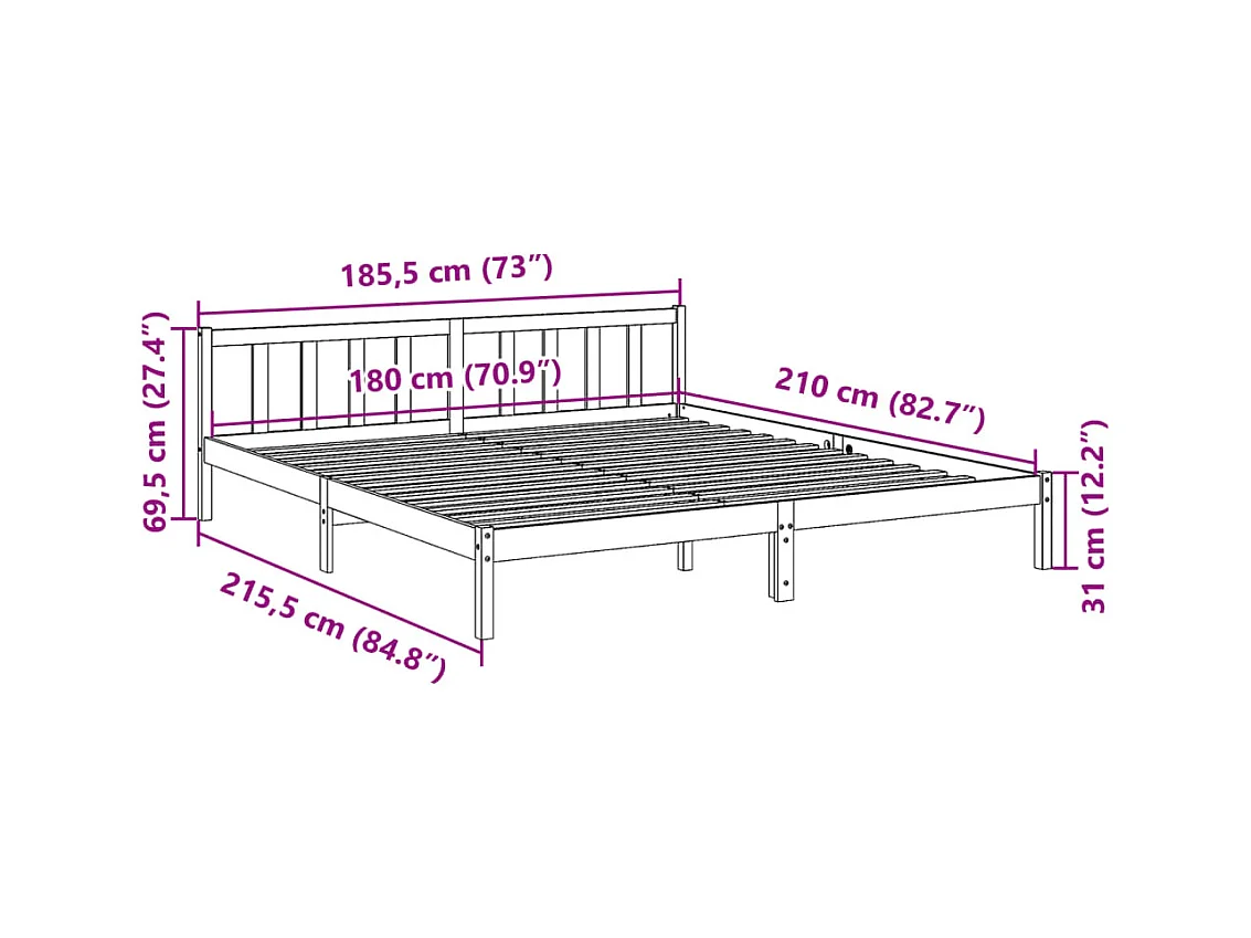 Lit double | Lit adulte | Cadre de lit extra long 180x210 cm bois massif pin