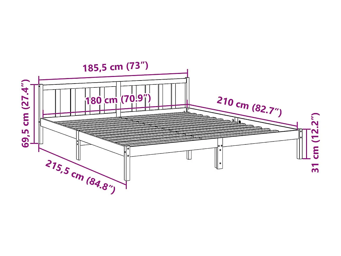 Lit double | Lit adulte | Cadre de lit extra long 180x210 cm bois massif pin