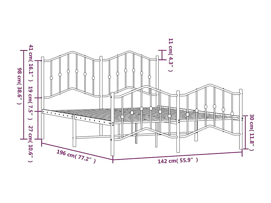 Lit double | Lit adulte | Cadre de lit métal et pied de lit blanc 135x190 cm