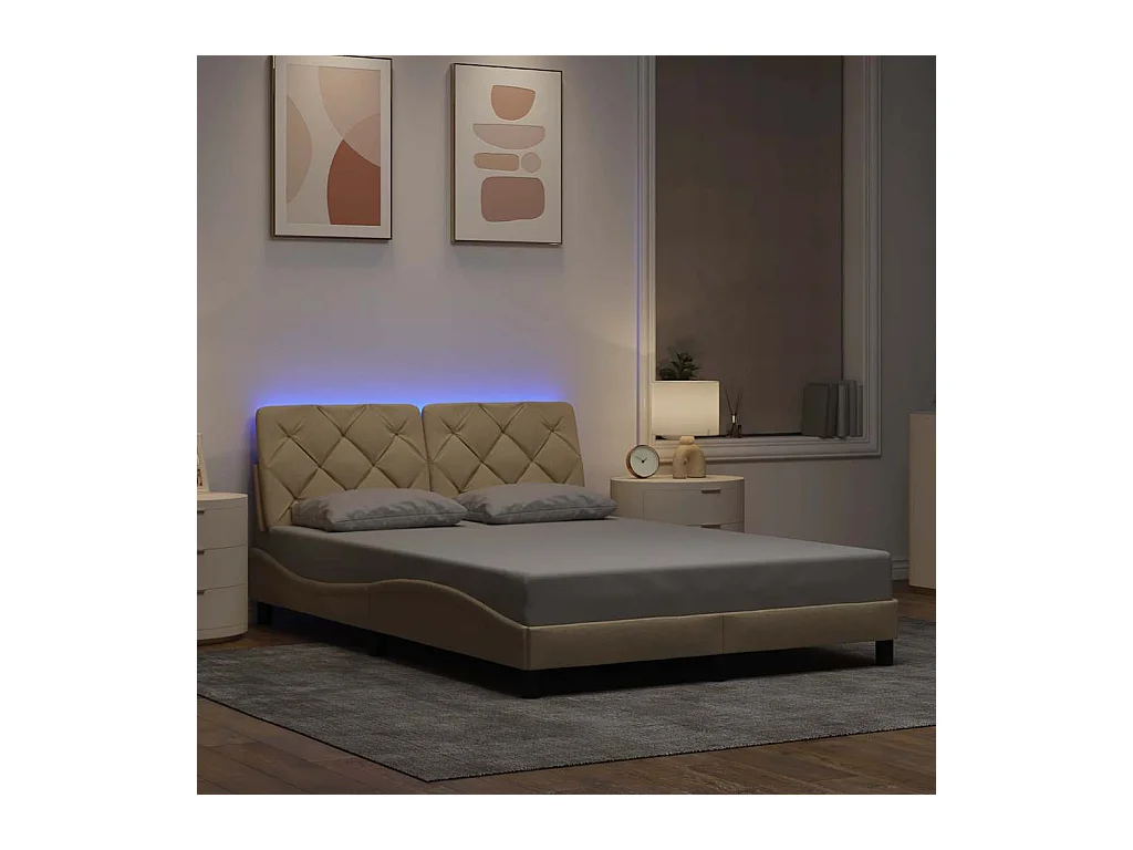Lit simple | Lit adulte, enfant | Cadre de lit avec LED crème 120x200 cm tissu