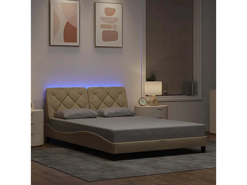 Lit simple | Lit adulte, enfant | Cadre de lit avec LED crème 120x200 cm tissu